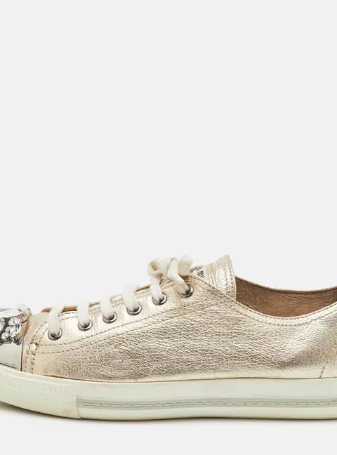 Miu Miu Size 39.5 Metallic Gold Leather Crystal Embellished Cap Toe Sneakers
