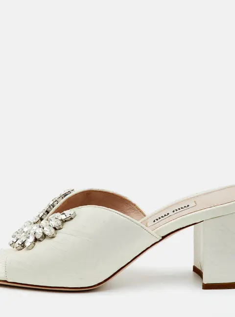 Miu Miu Size 37 White Snakeskin Embossed Leather Crystal Embellished Slide Sandals