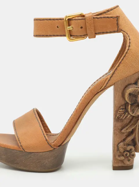 Miu Miu Size 36 Brown Leather Floral Carved Wooden Heel Ankle Strap Sandals
