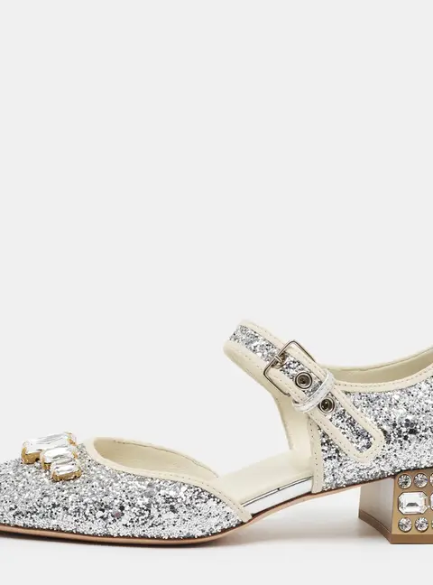 Miu Miu Size 39 Silver Glitter Mary Jane Pumps