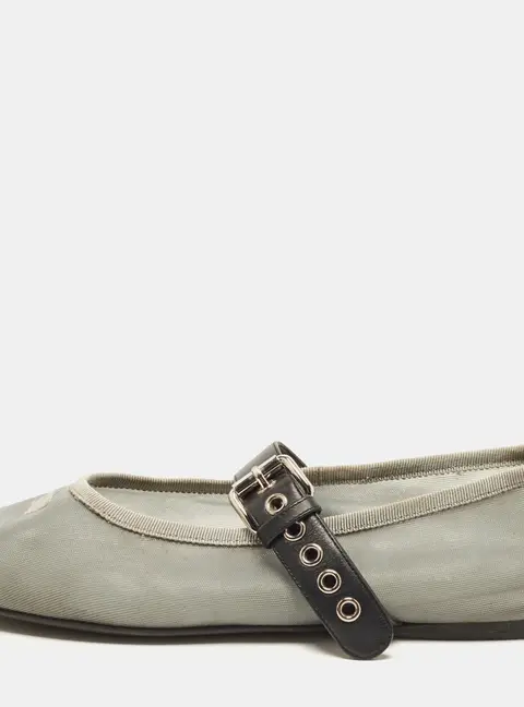 Miu Miu Size 37 Grey/Black Leather and Mesh Mary Jane Ballet Flats