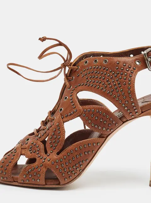 Miu Miu Size 37 Brown Leather Studded Ankle Strap Sandals