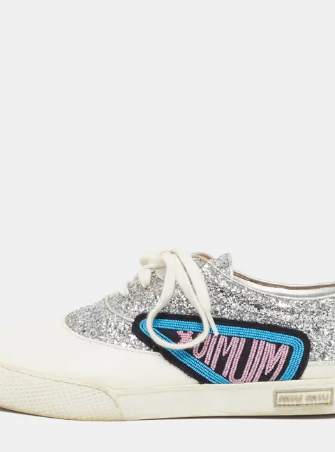 Miu Miu Patch Size 40 White/Silver Glitter and Leather Low Top Sneakers