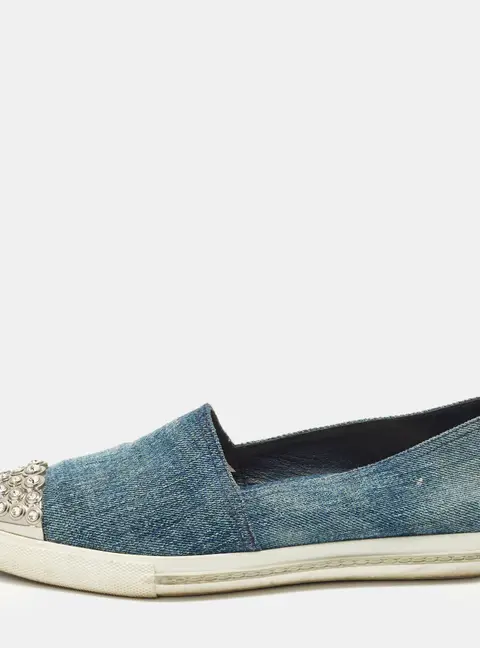 Miu Miu Size 38.5 Blue Denim and Metal Crystal Embellished Cap Toe Slip On Sneakers