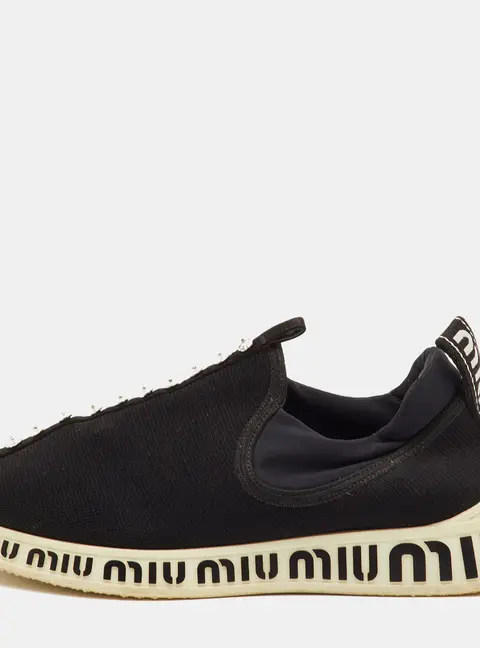 Miu Miu Run Size 37 Black Neoprene and Stretch Knit Crystal Embellished Slip On Sneakers