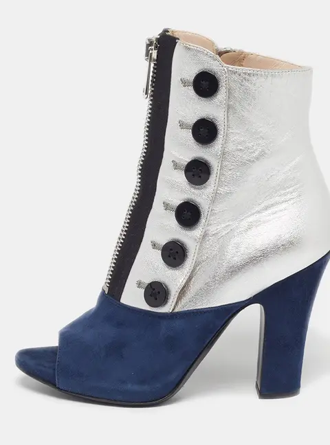 Miu Miu Size 37.5 Silver/Navy Blue Leather and Suede Ankle Boots