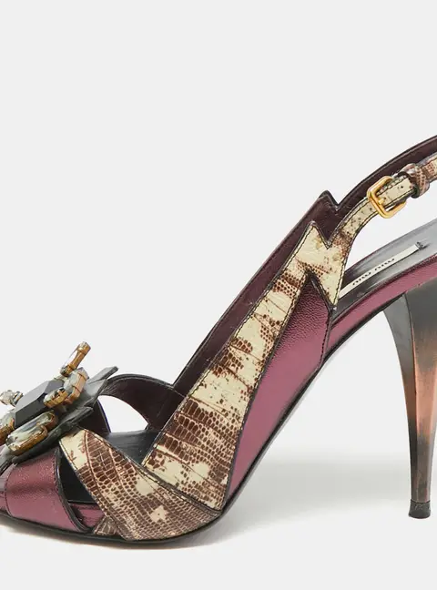 Miu Miu Size 37.5 Purple/Beige Leather and Lizard Embossed Leather Peep Toe Pumps
