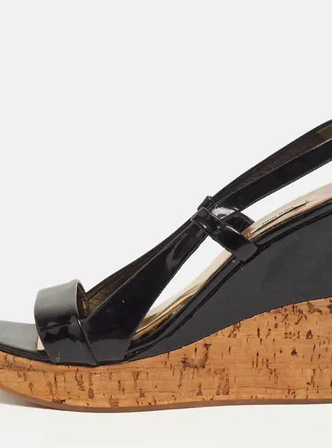 Miu Miu Size 37.5 Black Patent Leather Cork Platform Wedge Slingback Sandals
