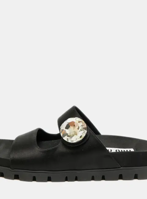 Miu Miu Crystal Embellished Size 39 Black Satin Flat Sandals