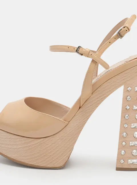 Miu Miu Size 38.5 Beige Patent Leather Crystal Embellished Heel Platform Ankle Strap Sandals