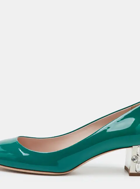 Miu Miu Size 36.5 Teal Green Patent Leather Crystal Embellished Heel Pumps