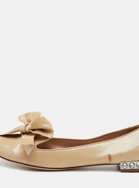 Miu Miu Size 39 Beige Patent Leather Bow Detail Crystal Embellished Heel Ballet Flats