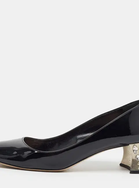 Miu Miu Size 39.5 Black Patent Leather Crystal Embellished Block Heel Pumps