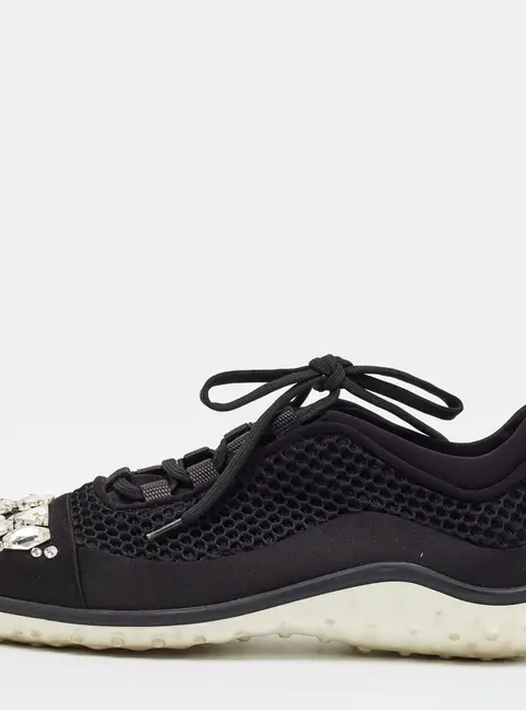 Miu Miu Size 37.5  Black Mesh and Satin Crystal Embellished Lace Up Sneakers