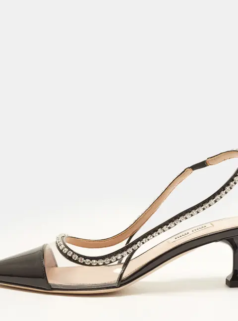 Miu Miu Size 37.5 Black Patent Leather and PVC Crystal Embellished Slingback Pumps