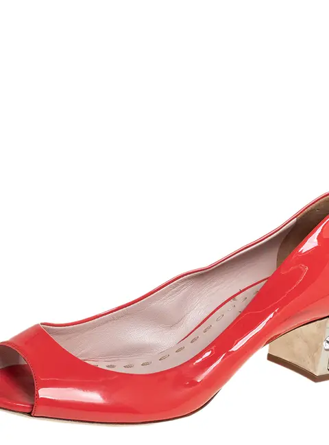 Miu Miu Orange Patent Leather Crystal Embellished Block Heel Peep Toe Pumps Size 38.5