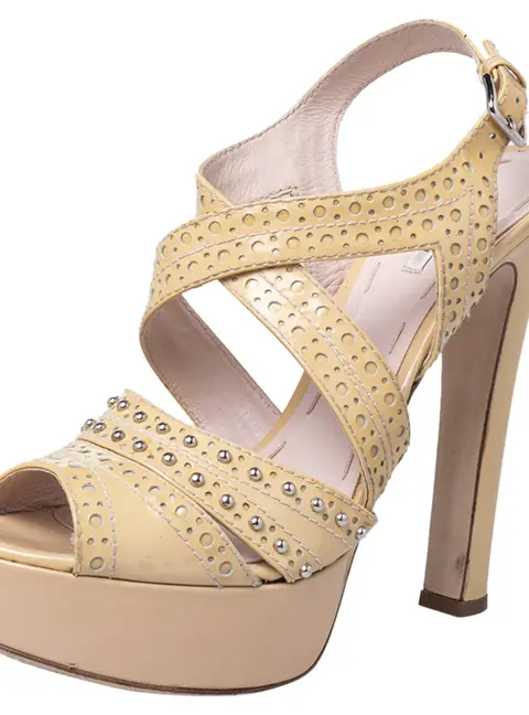 Miu Miu Yellow Patent Leather Peep Toe Platform Ankle Strap Sandals Size 39.5