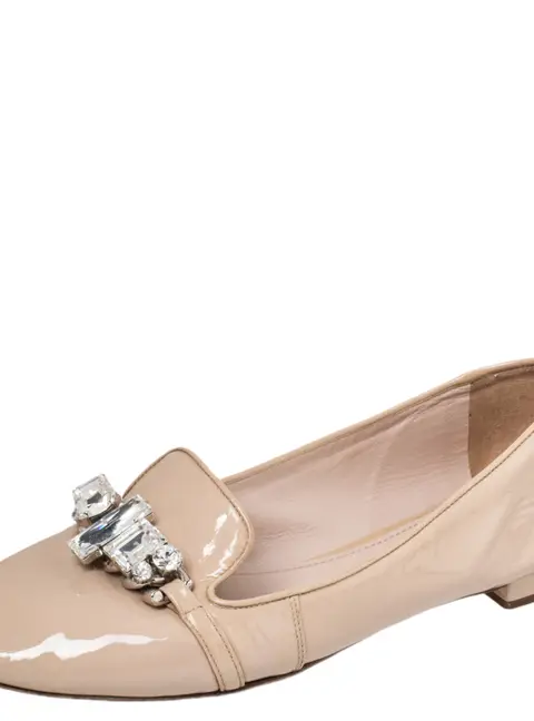 Miu Miu Beige Patent Leather Crystal Embellished Smoking Slippers Size 39