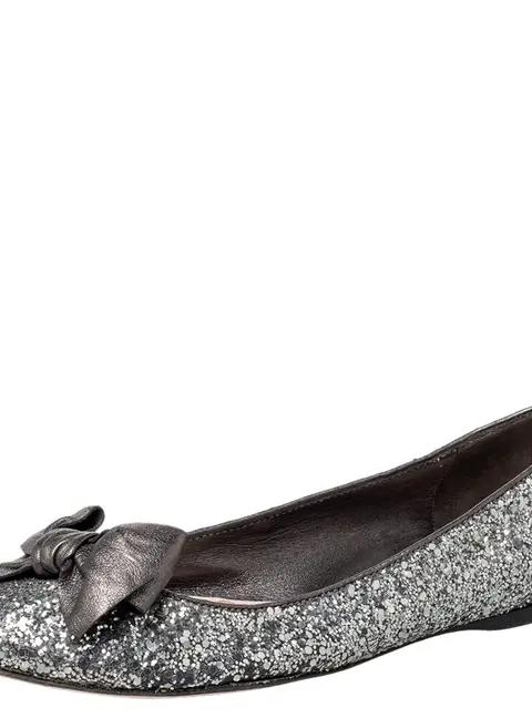 Miu Miu Metallic Grey Glitter Bow Ballet Flats Size 37