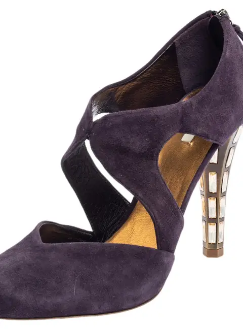 Miu Miu Purple Suede Cut Out Embellished Heel Round Toe Pumps Size 39.5