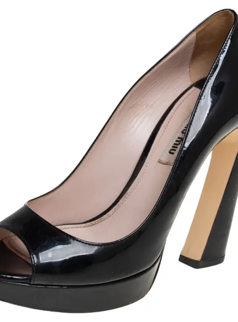Miu Miu Black Patent Leather Open Toe Platform Pumps Size 37