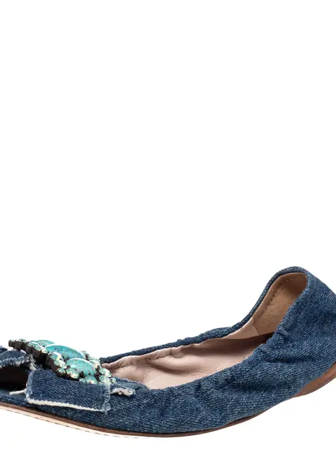 Miu Miu Blue Denim Crystal Embellished Ballet Flats Size 37