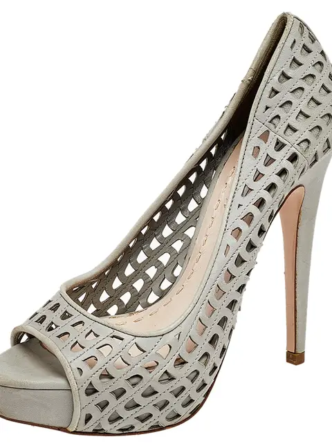 Miu Miu Grey Laser Cut Leather Peep Toe Platform Pumps Size 37