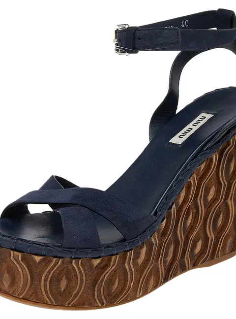 Miu Miu Blue Suede Wedge Platform Ankle Strap Sandals Size 40