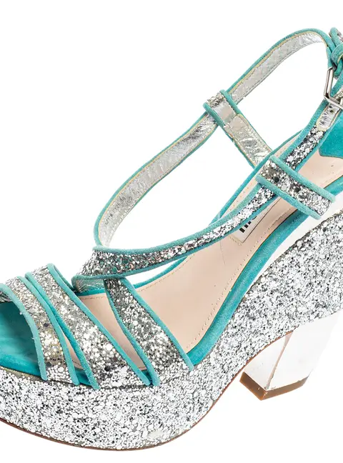 Miu Miu Turquoise Suede and Glitter Ankle Strap Platform Sandals Size 36