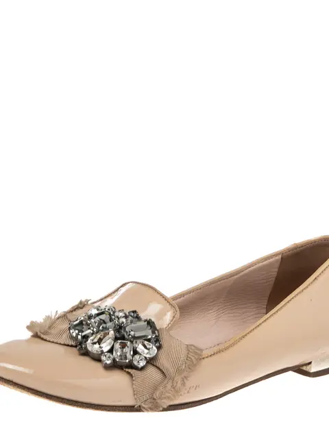 Miu Miu Nude Patent Leather Crystals Bow Ballet Flats Size 37