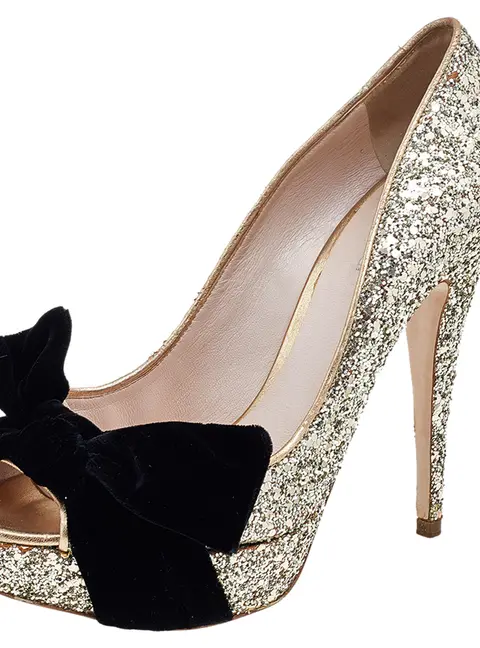 Miu Miu Metallic Gold Glitter Leather And Velvet Bow Peep Toe Pumps Size 38
