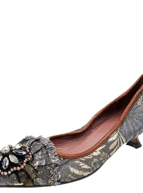 Miu Miu Grey Jacquard Embellished Pointed Toe Pumps Size 36