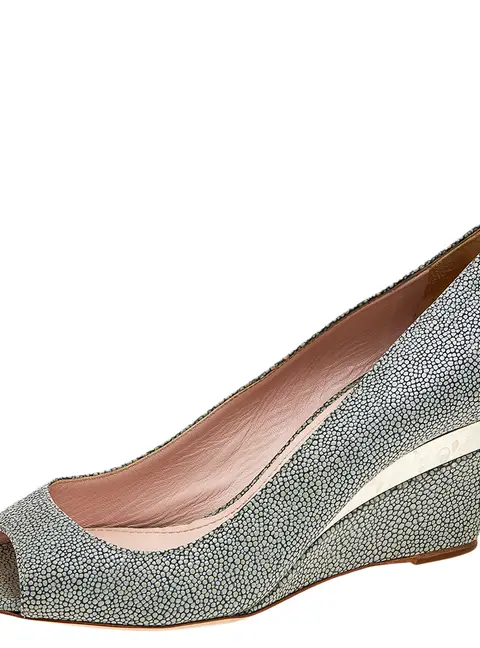 Miu Miu Grey Leather Peep Toe Wedge Pumps Size 36