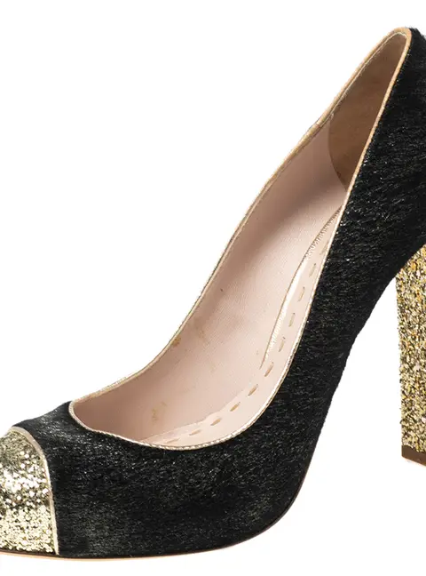 Miu Miu Black/Gold Calf Hair And Coarse Glitter Cap-Toe Block Heel Pumps Size 40