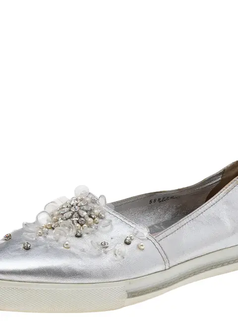 Miu Miu Metallic Silver Leather Embellished Pointed Toe Slip On Sneakers Size 40
