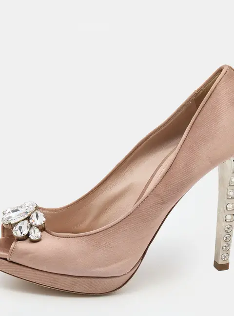 Miu Miu Beige Satin Crystal Embellished Peep Toe Platform Pumps Size 41