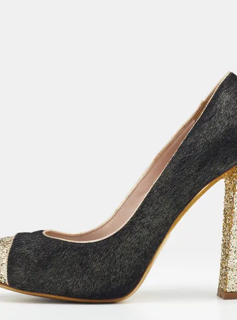 Miu Miu Black/Gold Calf Hair And Glitter Cap Toe Block Heel Pumps Size 37.5