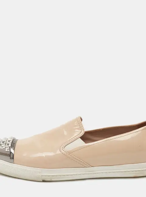 Miu Miu Beige Patent Leather Crystal Embellished Sneakers Size 38