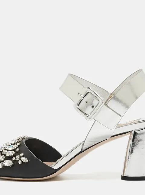 Miu Miu Silver/Black Leather Crystal Embellished Ankle Strap Sandals Size 35.5