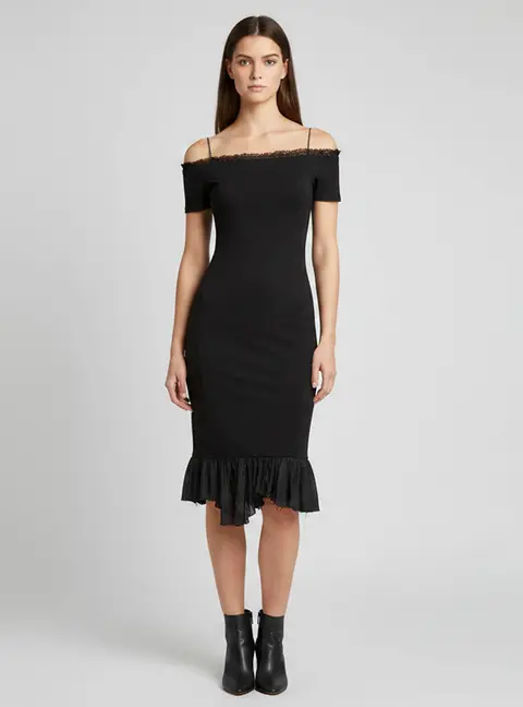 MM6 Maison Margiela Black Jersey and Nylon Blend Asymmetric Dress M