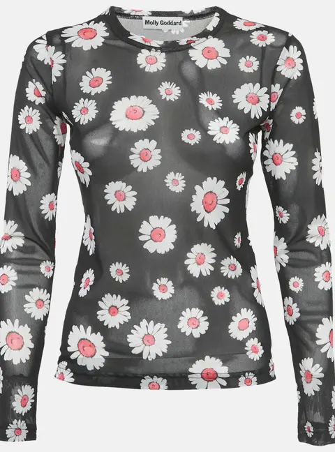 Molly Goddard Black Floral Print Stretch Knit Sheer Top M