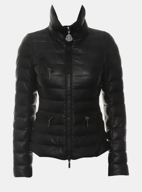 Moncler Black Leather Puffer Jacket XXS