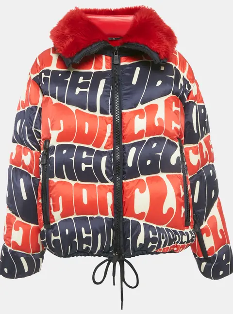 Moncler Red/Blue Logo Print Faux Fur and Nylon Puffer Jacket L