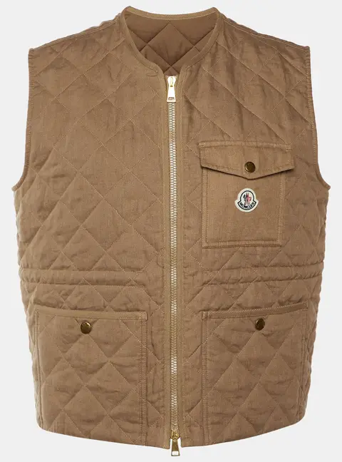 Moncler Brown Quilted Linen Vigny Zip Up Gilet XL