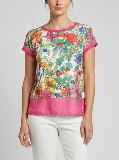 Moncler Pink Floral Print Jersey and Silk T-Shirt XS