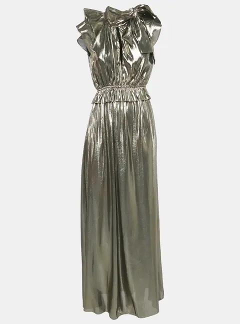 Monique Lhuillier Metallic Silk Lurex Ruffled Neck Tie-Up Detail Maxi Dress S