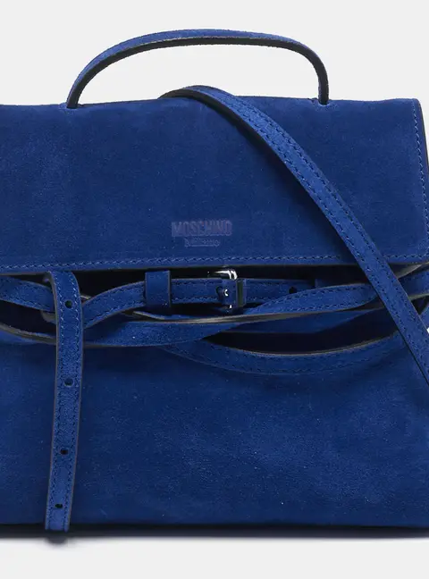Moschino Tie Me Small Blue Suede Top Handle Bag