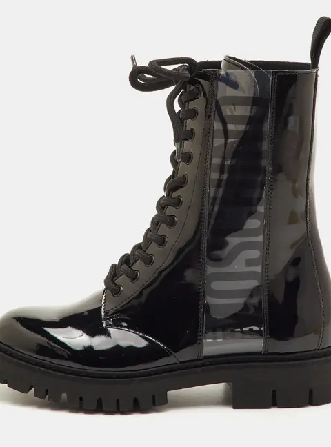 Moschino Size 36 Black Patent Leather and PVC Logo Lace Up Combat Boots