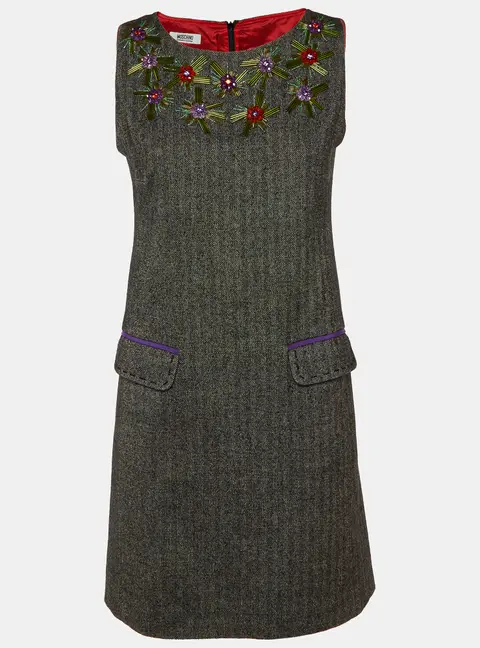 Moschino Cheap and Chic Charcoal Grey Patterned Embellished Shift Dress M