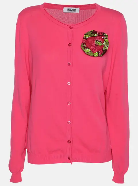 Moschino Cheap and Chic Pink Cotton Knit Floral Applique Front Button Sweater M